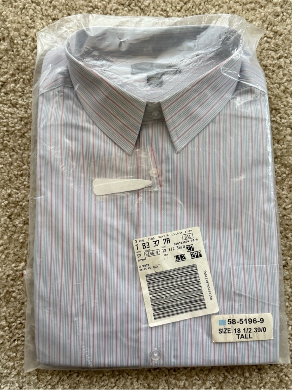 K&S Signature Men’s Dress Shirt 18.5 39 Tall Blue Pink Striped NWT